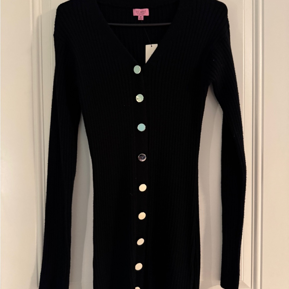 Francesca’s Chic Black Ribbed Cardigan with White Buttons